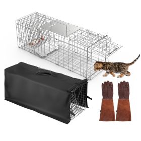 31x12x11” Folding Live Animal Trap Cage With Waterproof Cover And Gloves Humane Easy To Catch And Release Trap For Stray Cats Raccoons Squirrel Skunk