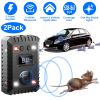 2 Pack Under Hood Ultrasonic Rodent Repeller Rodent Chaser for Vehicle Indoor Mouse Wildcat Control with 3 Power Supplies Strobe Light Alarm Sound for