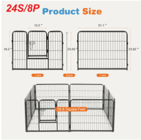Dog Playpen Indoor Fence Height Metal Exercise Pen With Door Small Puppy-Medium-Large Dogs Animal Pet For Outdoor, Garden, Yard (Option: 24S 8P)