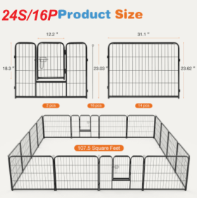 Dog Playpen Indoor Fence Height Metal Exercise Pen With Door Small Puppy-Medium-Large Dogs Animal Pet For Outdoor, Garden, Yard (Option: 24S 16P)